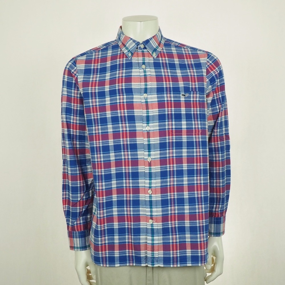 Vineyard Vines Madras Button Down Shirt Mens Large Blue Plaid Whale Lightweight